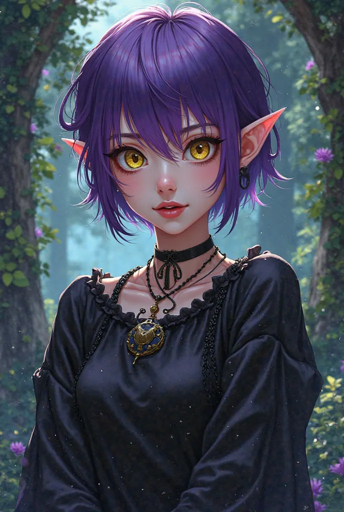  AmityBlight, makeup, black earrings, yellow eyes, short hair, (purple hair:1.4), pointed ears, black shirt, long sleeves, loose-fitting shirt, amulet, anime, Disney animation, cartoon 