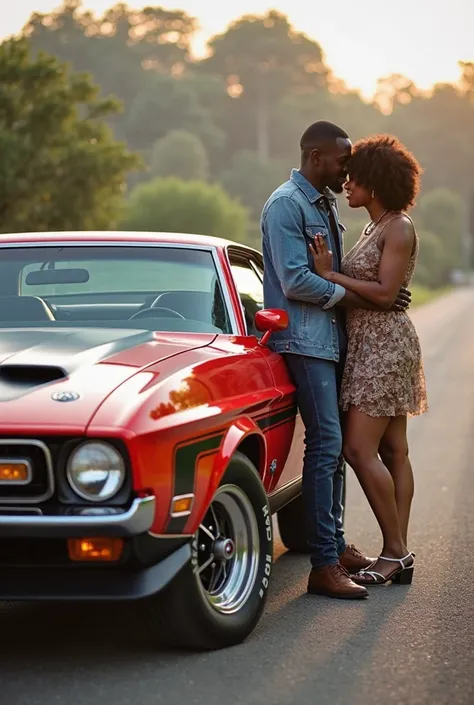 Ghanaian Couple standing the side of 1973 Ford mustang Mach 1