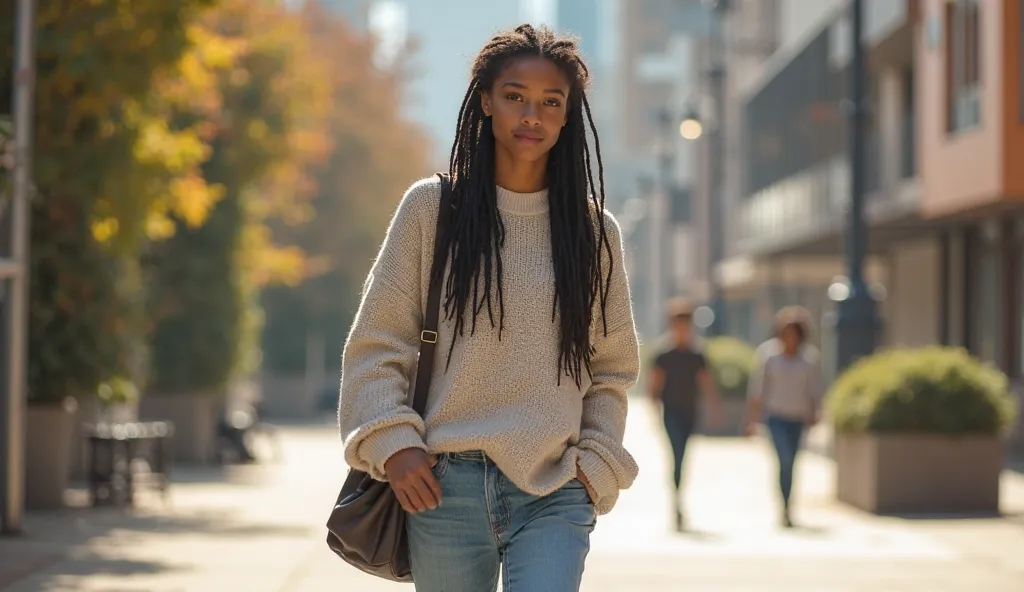 "A young woman who looks simple but stylish in everyday life. She has long black dreadlock hair, Dark blue eyes and a natural make-up. She has a comfortable oversized sweater and jeans on her feet. She has sneakers or comfortable boots on her feet. She car...