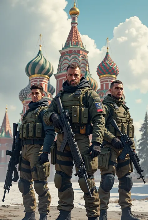 Special squad of 3 different soldiers (One of them is a cyborg) stand in front of a well-known Russian building, realistic illustration 