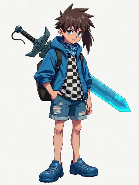 anime confident emaciated young adult protagonist boy thick rounded long brown rough spiky ponytail hair going down the neck blue bandanna on neck ahoge on the back of head and short sleeve blue hoodie jacket black and white checkered shirt underneath blue...