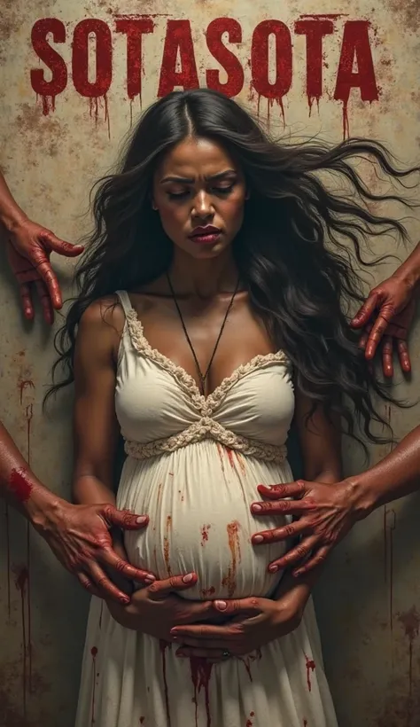 image intricating half body of malagasy young woman crying and suffering hard, she is pregnant, she is young  with long hair, she is beautiful,  wearing white pregnancy bloody dress, holding and embracing herself pregnancy, she is terrifying and crying, be...