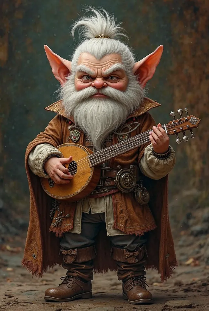 Jeune homme gnome et barde au regard pervers avec un lutte et des vêtements noble en cuir style D&D