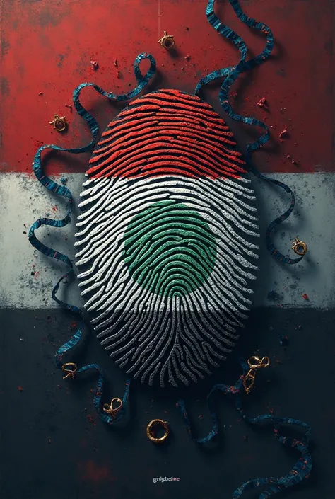 A picture containing a fingerprint and the logo of the Republic of Iraq and containing a DNA tape and adding gg rights_DME 