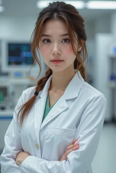 BROWN-HAIRED AND BROWN-EYED NURSE WITH SCIENTIFIC JACKET