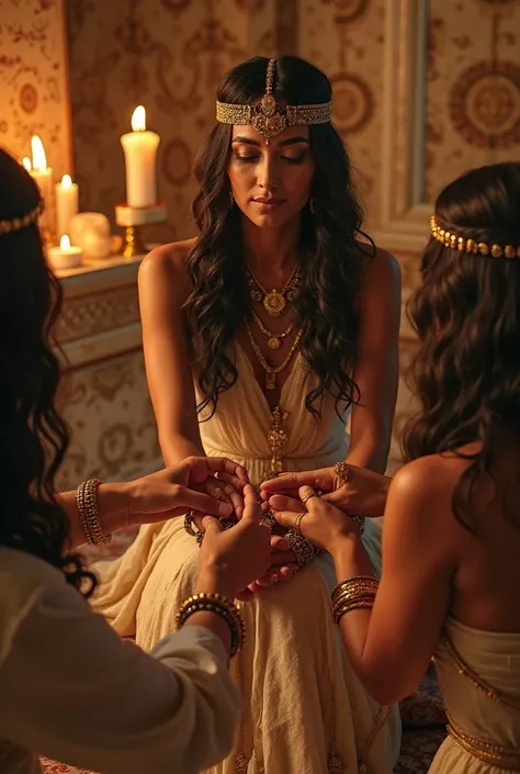 Ultra-realistic image in POV style, capturing the first-person perspective of Cleopatra seated while her servants adorn her. Her hands are visible in the center of the scene, with a servant on each side, adjusting gold bracelets around your wrists and plac...