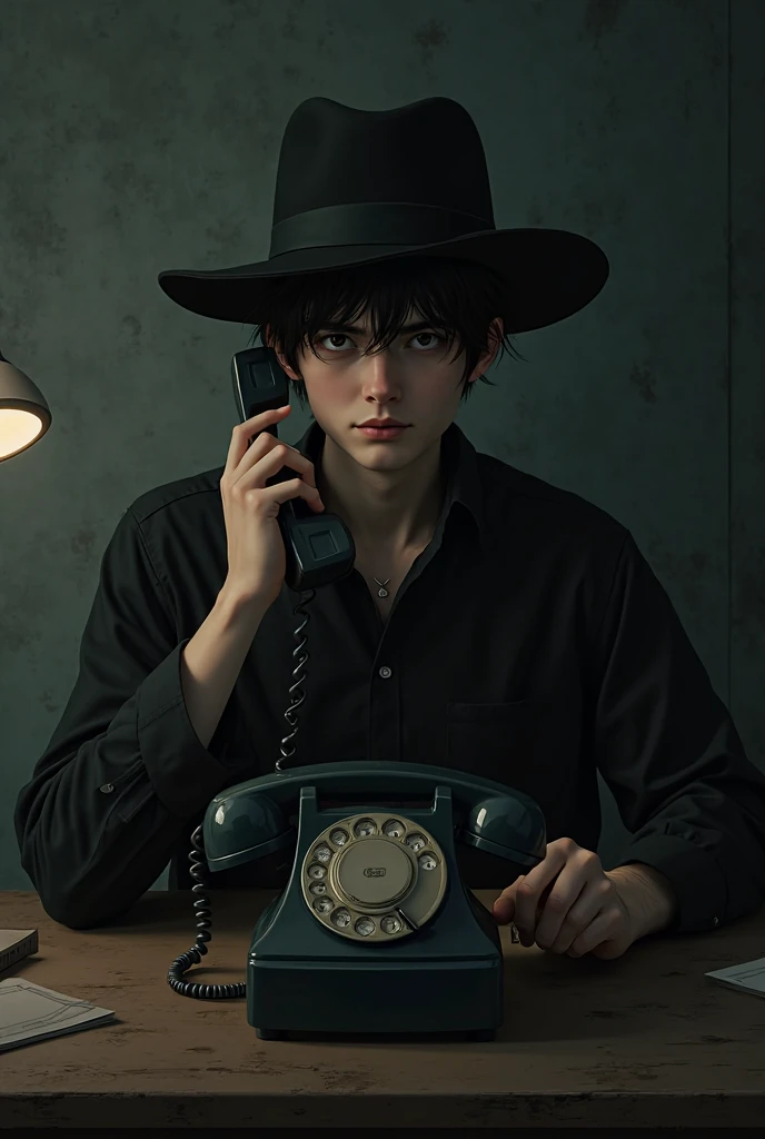 18-year-old boy in black clothes and a hat answering a landline with a cold look 