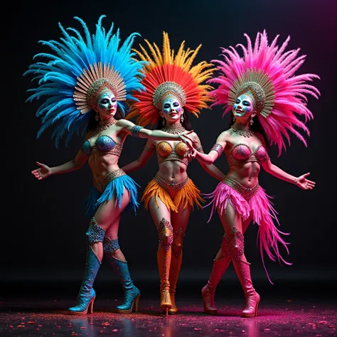 group of 3 Brazilian people wearing carnival costumes and masks, full body, happy, diversity, view from above, men and women,  cheerful expressions on the face  , dancing,  ultra realistic, 4K,  neon lighting , black image background