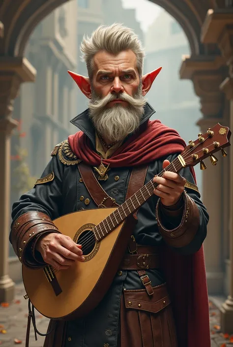 Jeune homme gnome et barde très beau sans barbe avec un lutte et des vêtements noble en cuir style D&D