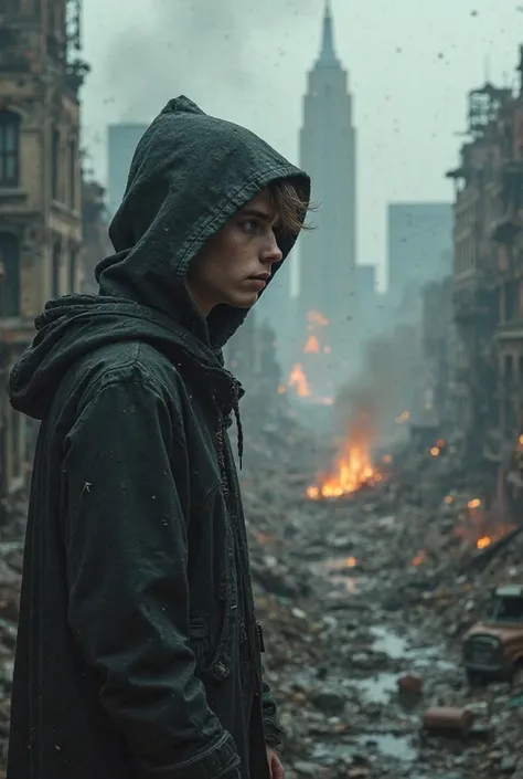 Image of a young man with a hood over his head looking at a destroyed city