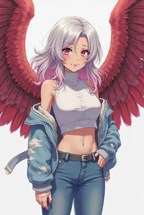 MY HERO ACADEMIA CAPTURE, official anime. Airelyn.  female ager , tez blanca, bright pink slanted eyes,  pink lips, medium long wavy hair platinum gray blonde gradient pink, big red wings, wearing a sleeveless white turtleneck blouse showing abdomen denim ...