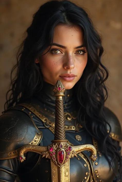 Prompt: " A young woman of striking beauty , with long wavy black hair that falls softly over the shoulders. Her honey-colored eyes shine with intensity and mystery, contrasting with her golden skin speckled with delicate freckles on her face. She is dress...