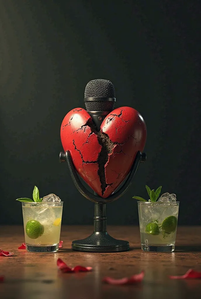 Image of a broken heart and a challenging microphone with 2 mojitos in hyperrealistic 