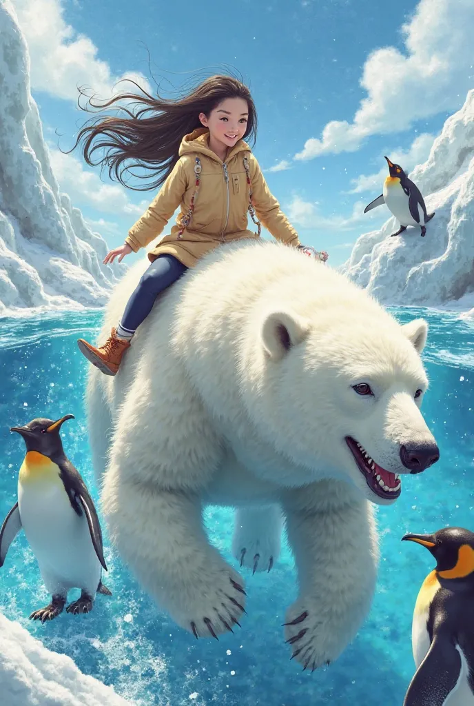 Image generation of Ishihara Satomi riding an arctic bear and having fun、Surrounded by penguins, sea otters, etc.