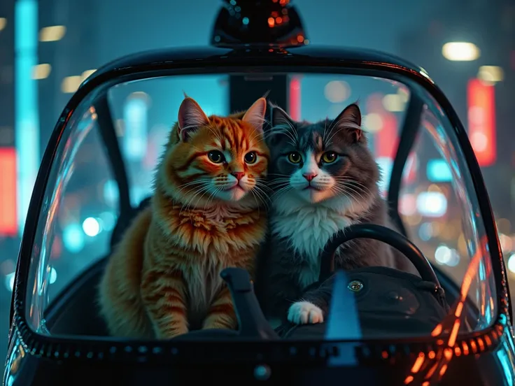 A cinematic view from outside the front glass of a sleek black helicopter at night, showing two chubby cats inside as pilots. One is an orange fluffy cat, and the other is a gray and white fluffy cat. They are sitting close together, embracing each other w...