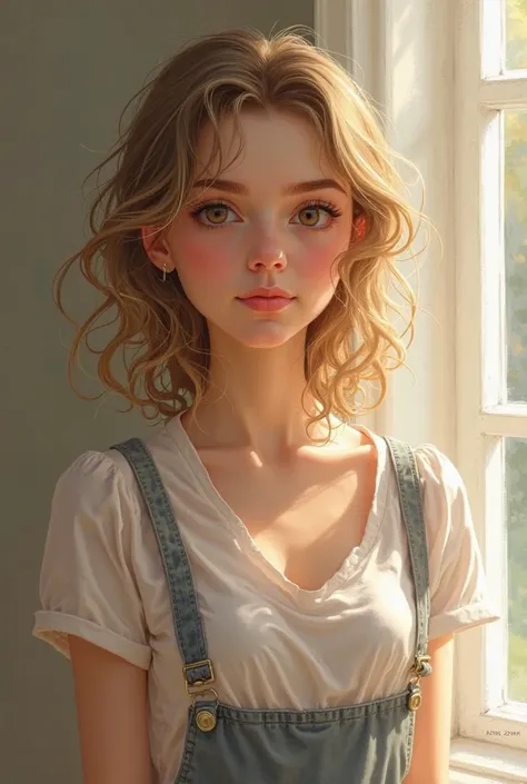 Generate a drawing of a girl with a slim figure, slightly wavy hair of blond color , eyes of brown color, casual clothes