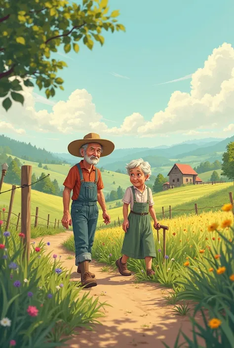 Farming couple animation, in the countryside