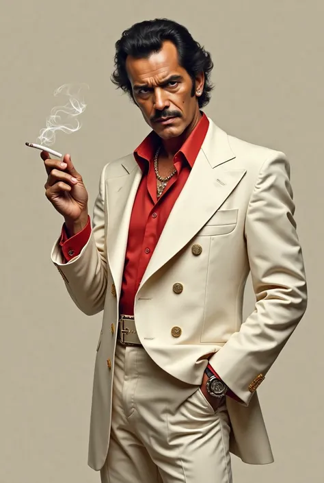 Hector Lavoe smoking a cigarette in his white suit and red shirt with gold jewelry 