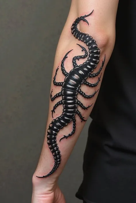 Create a model of a tattooed arm, The tattoo will be of a centipede made in blackwork, said tattoo has to go all the way around the arm curled up by it (That is, going around the arm), from shoulder to wrist