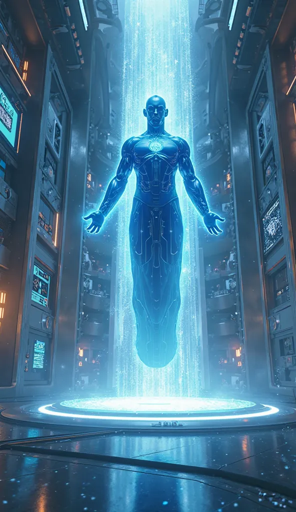 dr. Manhattan levitating in high tech room on quantum computer