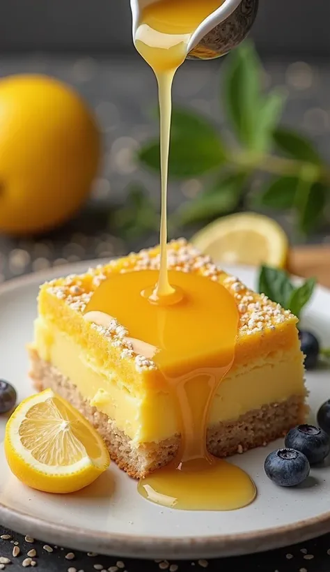 Hgraphic elements, Dynamic Light, Cinematics, HDR, UHD, professional PHOTOGRAPH OF:

“Cascading Citrus Bliss”
Focus on pouring a luxurious lemon glaze over a slice of honey lemon bar, showcasing the enticing cascade that highlights the freshness of the lem...