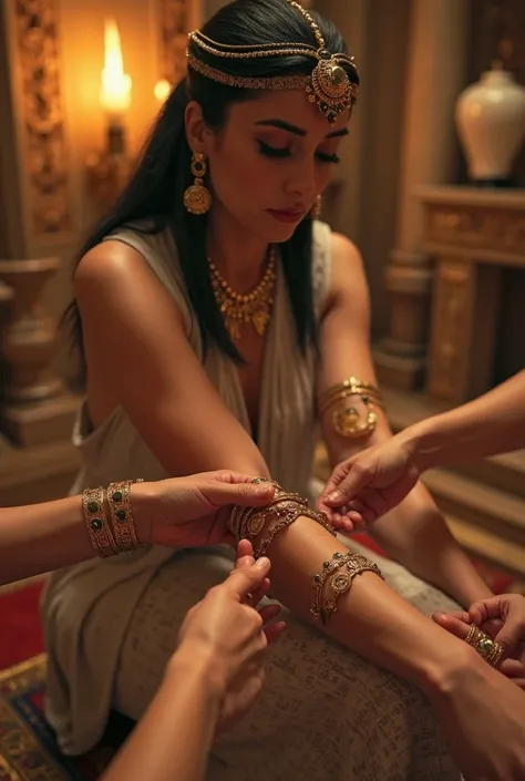 Ultra-realistic image in POV style, capturing the direct view of Cleopatra, seated while her maids adorn her arms. Her hands and forearms are clearly visible, with gold bracelets being adjusted and rings slipping on her fingers. The view remains immersive,...