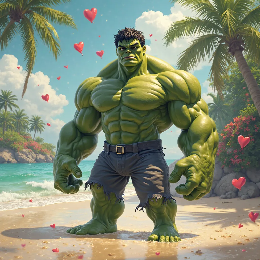 The hulk on a paradisiacal beach surrounded by hearts 