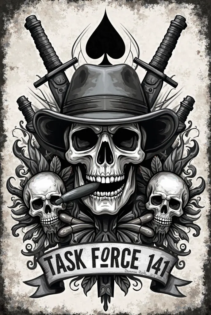 The artwork has a dark and tactical style, featuring a monochromatic black-and-white design. At the center, there is a stylized skull wearing a fedora hat and smoking a cigar, giving off the appearance of a rebellious leader or a battle-hardened soldier. B...