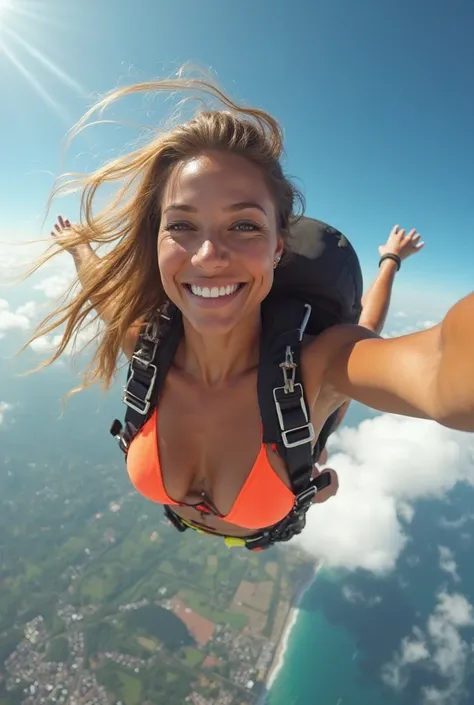 A stunning, fit woman with an athletic physique, glowing sun-kissed skin, and perfectly toned curves, mid-air during an exhilarating skydive. She wears a stylish, form-fitting bikini that enhances her figure, the wind flowing through her long, wavy hair as...