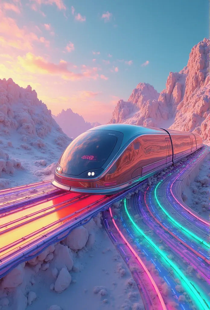 Rainbow colored linear motor car、Linear motor car running on rainbow-colored tracks，colorful，Beautiful views，wonderful view，Utopia，An atmosphere full of dreams and hope，masterpiece． 16k, Ultra-high resolution, Ultra-high resolution, to be born,wonderful ,f...