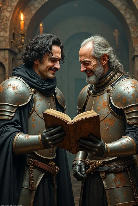 image where Edgar Allan Poe and Don Quixote appear in their rusty armor reading a book and laughing about it with its title "La Nona"