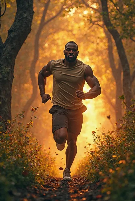 A black man running in the forest at sunset