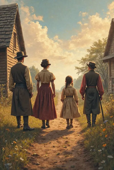 A historical Image featuring two American families' journeys through time, spanning from the 1700s to the 2000s. The image should depict a timeline effect, with key historical eras blending into each other. On the left, show a colonial-era American family ...