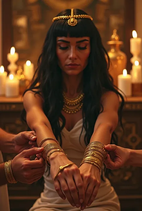 Ultra-realistic image in POV style, capturing the direct view of Cleopatra looking into her own arms as she is adorned. Her hands and forearms are highlighted at the center of the scene, with servants on either side slipping from bracelets gold on your wri...