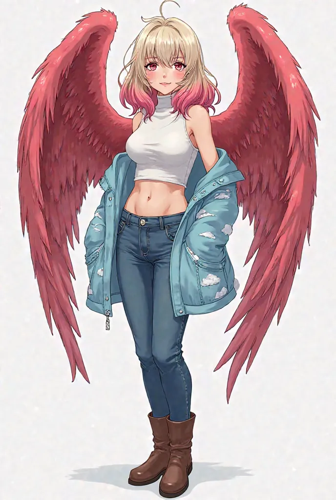  female ager , tez blanca, bright pink slanted eyes, Salmon-colored lips, medium length wavy ash blonde pink gradient hair, big red wings, wearing a sleeveless white turtleneck blouse showing abdomen denim pants brown ankle boots light blue fleece jacket w...