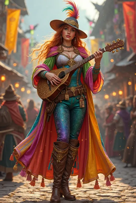 Fantasy artwork of a Human Bard, a vibrant performer clad in a dazzling rainbow-colored ensemble, radiating charisma and boundless energy. She stands with a confident, playful stance, strumming a beautifully crafted bandolim with golden strings, the instru...