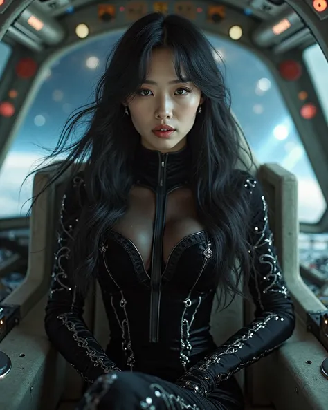 Female Korean starship Captain long black hair retro black velvet catsuit in pilot seat in cockpit of space shuttle 