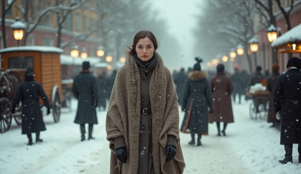 7. A Cold Winter in Warsaw – Walking Through the Snow
"A age Marie Skłodowska walks alone through a snow-covered street in 19th-century Warsaw, wrapped in a thick but worn-out shawl. Her breath is visible in the cold air, and her boots sink into the fresh ...