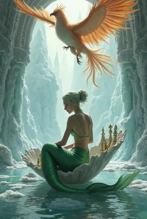 Sexy mermaid girl  sexy green tail posture sitting on a seashell playing chess in an ice castle and a phoenix