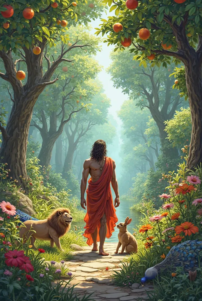 A magical garden full of tall fruit trees, colorful flowers, and clear rivers. Adam from the bible , a strong but kind-looking man, walks through the garden in awe, surrounded by playful animals like rabbits, peacocks, and gentle lions. The scene feels pea...