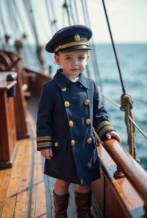  a  boy dressed as a ship captain standing on the wooden deck of a sailing ship. He wears a classic navy captain’s hat with gold details, a small double-breasted coat with golden buttons, and tiny boots. His expression is confident and curious as he looks ...