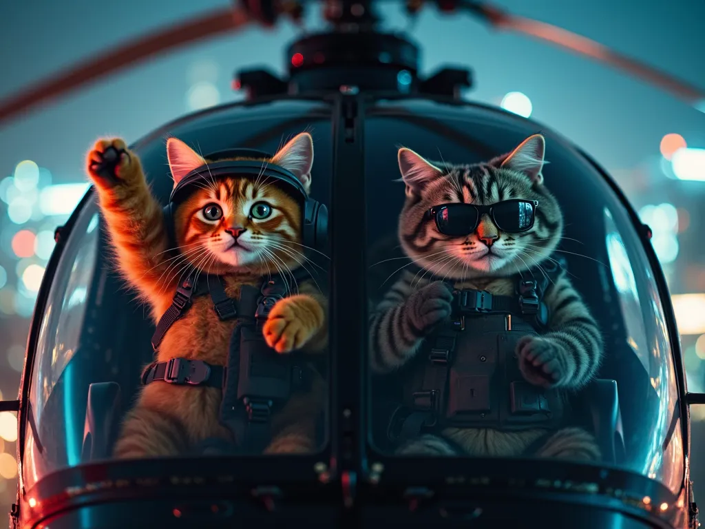 "A cinematic view from outside the front glass of a sleek black helicopter at night, showing two chubby cats inside as pilots. The first cat is orange and fluffy, while the second is a chubby gray and white cat wearing a full tactical outfit. Both are wear...