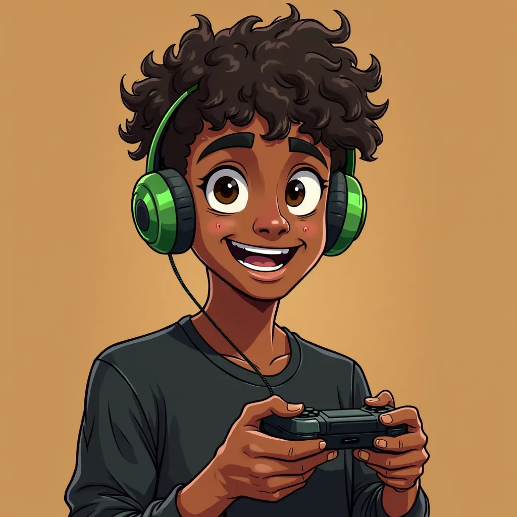 
a 17-year-old cartoon-style male character with curly hair, dark skin, dark brown eyes, wearing a black trimmed top, a green headset, holding a controller, his expression is playful, adding a sense of tension and dynamic energy to the piece. The art style...