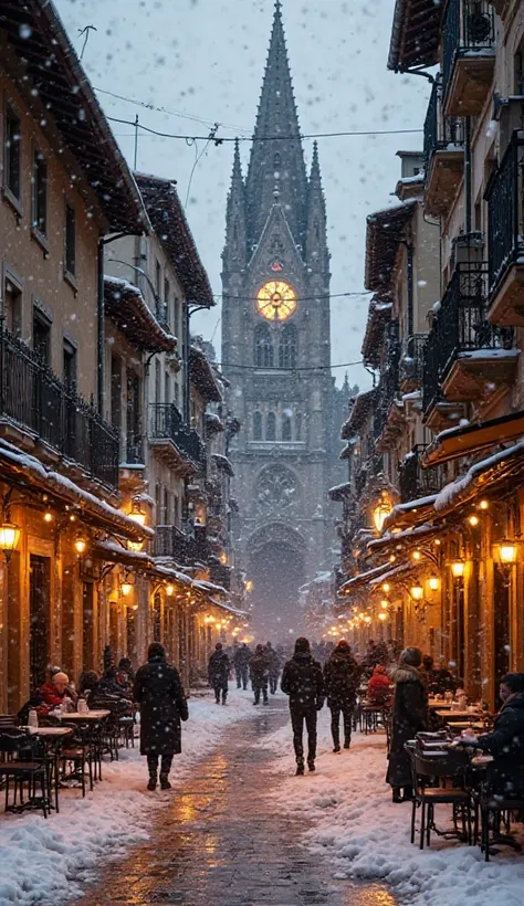 "Urban photograph of a winter picture in León, Spain. The streets of the Humid Neighborhood covered by a thin layer of snow reflect the warm light of the streetlights, while some sheltered passers-by walk among the traditional bars.  The atmosphere is cozy...