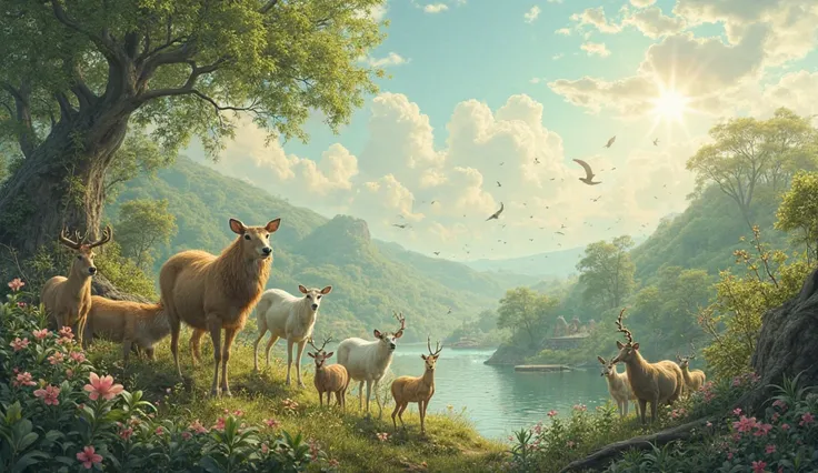 An image of animals living together harmoniously in a natural environment, representing the renewal of life after the flood and divine care for all creatures