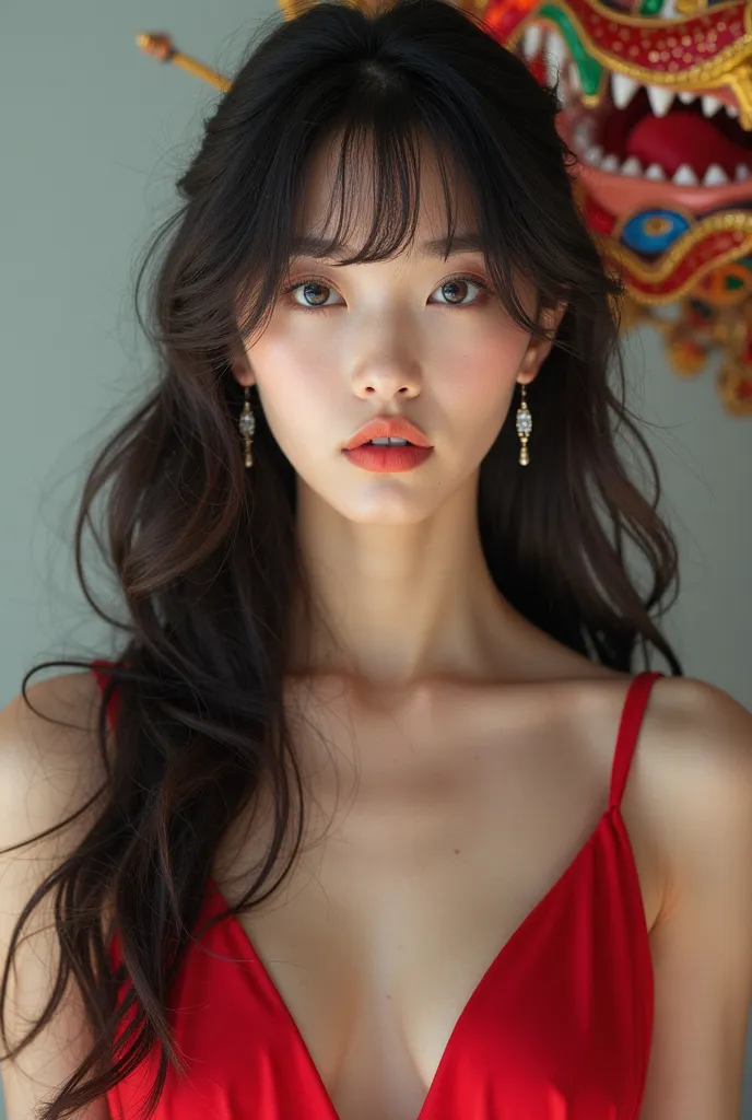 Beautiful Korean woman named King Han-na with a distinct and brilliant beauty,   Clear and radiant skin  , long hair,  plain and black with fringe , light blue eyes and full lips with lip gloss, sexy pearlescent dress underneath a red dress, Allegorical dr...