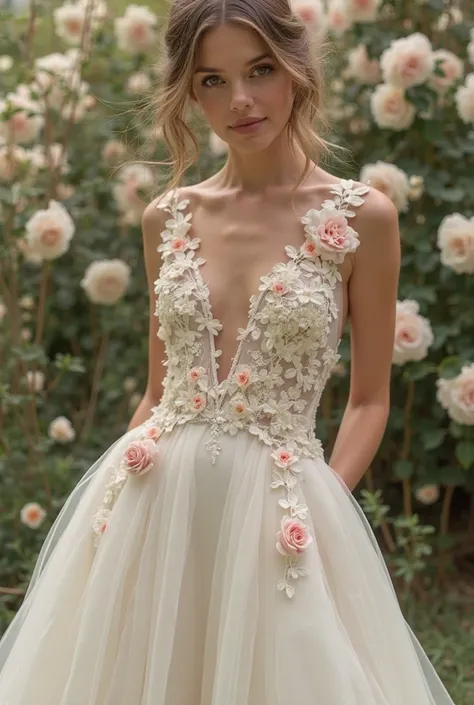 crepe wedding dress with some flowers on the body and on the V-neck skirt and evase skirt