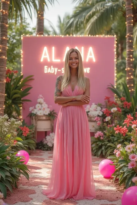 latina image realistic style Anya Taylor Joy long straight blonde hair decorated nails long pink dress with bright green eyes earrings smiling tattoos , A large pink panel with white LED letters that says "ALANA" and below "BABY SHOWER". on green foliage a...