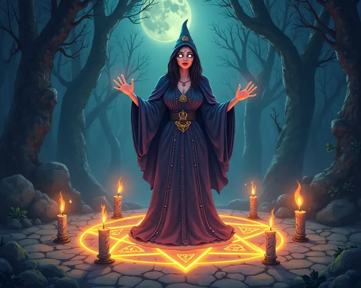 (masterpiece, high quality, cartoon style, cel-shading, vibrant colors, clean lines, highly detailed, soft lighting, mystical atmosphere)

A mysterious witch stands at the center of a glowing pentagram, performing a dark ritual. She wears a long, flowing r...