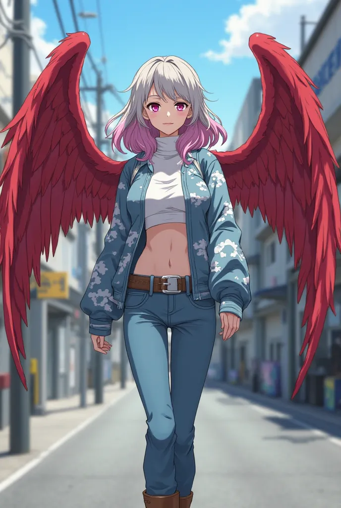  female ager , tez blanca, bright pink slanted eyes, Salmon-colored lips, long wavy hair gray shaded pink, big red wings, wearing a sleeveless white turtleneck blouse showing abdomen denim pants brown ankle boots light blue wool jacket with cloud drawings ...